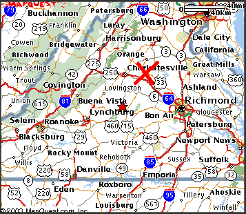 Map of Central VA - the X marks Louisa